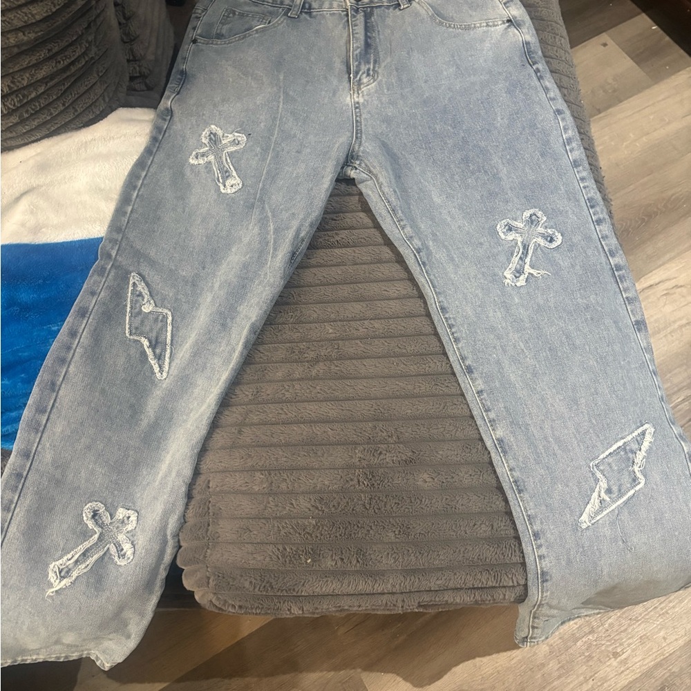 Blue denim cross and lighting patches!